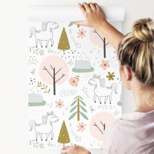 Papier Peint pour filles licornes arbres Beige - Noir - Bleu - Marron - Gris - Vert - Blanc - Papier - 53 x 1000 x 1000 cm