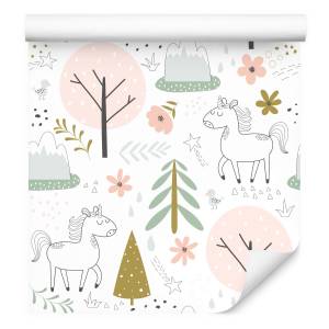 Papier Peint pour filles licornes arbres Beige - Noir - Bleu - Marron - Gris - Vert - Blanc - Papier - 53 x 1000 x 1000 cm