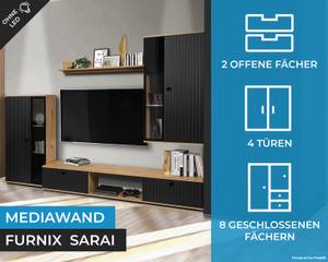 FURNIX Ensemble meubles Sarai sans LED Noir - Marron - Noir brillant - Imitation chêne