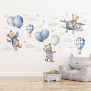 Autocollant Nounours Ballons Nuages Bleu - Marron - Gris - 120 x 60 x 60 cm