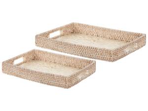 Tablett NDEBELE 2-tlg Beige - Blau - Grau - Silber - Rattan - 38 x 6 x 28 cm