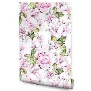 Papier Peint fleurs aquarelle feuilles Vert - Blanc - Papier - 53 x 1000 x 1000 cm