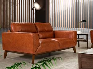Canapé 2 places en cuir et pieds en bois Marron - Cuir véritable - Textile - 159 x 86 x 96 cm