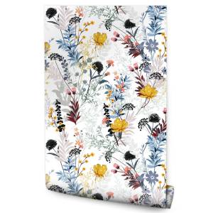 Papier Peint fleurs colorées feuilles Beige - Noir - Bleu - Vert - Orange - Mauve - Rouge - Turquoise - Blanc - Papier - 53 x 1000 x 1000 cm