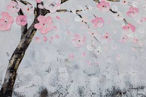 Tableau peint Cherry Blossom Dream Gris - Rose foncé - Bois massif - Textile - En partie en bois massif - 123 x 63 x 4 cm