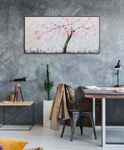 Tableau peint Cherry Blossom Dream Gris - Rose foncé - Bois massif - Textile - 123 x 63 x 4 cm