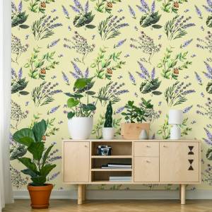 Papier Peint FLEURS Feuilles Lavande Vert - Orange - Mauve - Blanc - Papier - Textile - 53 x 1000 x 1000 cm