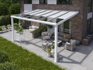 Terrassenüberdachung Klar Poly mit LEDs Weiß - Metall - 600 x 215 x 350 cm