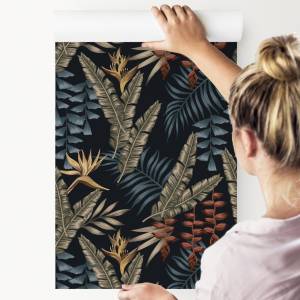 Papier Peint PLANTES Tropicales Nature Noir - Bleu - Vert - Rouge - Papier - Textile - 53 x 1000 x 1000 cm