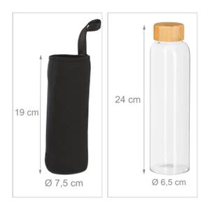 6x Trinkflasche mit Bambusdeckel 500ml Schwarz - Braun - Bambus - Glas - Kunststoff - 8 x 24 x 8 cm