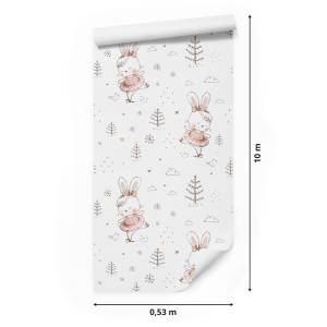 Papier Peint pour enfants lapins arbres Marron - Blanc - Papier - 53 x 1000 x 1000 cm