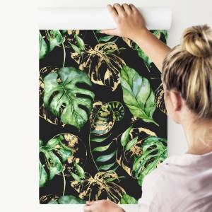 Papier Peint FEUILLES Tropicales Nature Beige - Noir - Vert - Papier - Textile - 53 x 1000 x 1000 cm