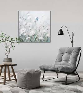 Tableau peint à la main Éclat des fleurs Gris - Vert - Bois massif - Textile - 60 x 60 x 4 cm