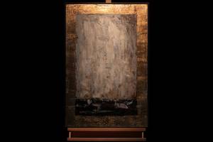 Tableau peint à la main Golden Aura Noir - Gris - Bois massif - Textile - 60 x 90 x 4 cm