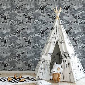 Tapete für Kinder Wildtiere Dinosaurier Schwarz - Grau - Weiß - Papier - Textil - 53 x 1000 x 1000 cm