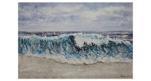 Tableau peint à la main Breaking Waves Bleu - Bois massif - Textile - 120 x 80 x 4 cm