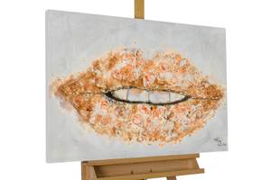 Tableau peint à la main Sweet Lips Gris - Rose foncé - Bois massif - Textile - En partie en bois massif - 90 x 60 x 4 cm