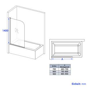 EMKE 90x140cm Badewanne Duschwand Tiefe: 90 cm