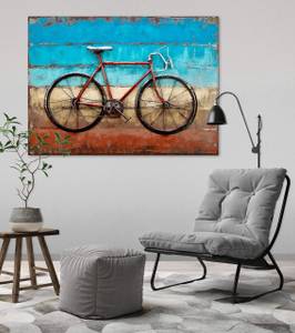 Metallbild Cycling to the Beach Blau - Rot - Metall - 100 x 70 x 5 cm