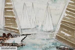 Tableau peint à la main Sailboat Racing Bleu - Blanc - Bois massif - Textile - 140 x 70 x 4 cm