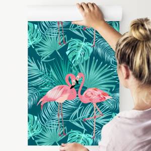 Papier Peint flamants feuilles exotiques Bleu - Vert - Turquoise - Papier - 53 x 1000 x 1000 cm