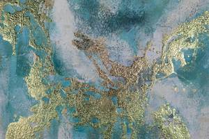 Tableau peint à la main Lac scintillant Bleu - Doré - Bois massif - Textile - 60 x 60 x 4 cm