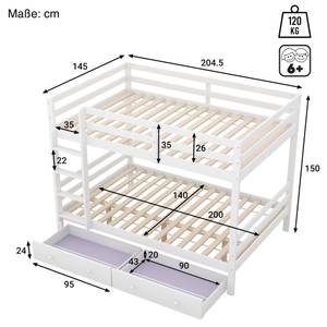 Etagenbett Leo Weiß - Massivholz - 145 x 150 x 204 cm