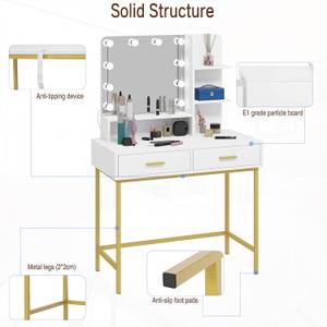 Schminktisch Rebecca Gold - Weiß - Holzwerkstoff - Metall - 90 x 137 x 45 cm