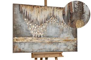 Tableau peint Grotte de Stalactites Beige - Marron - Bois massif - Textile - En partie en bois massif - 120 x 80 x 4 cm