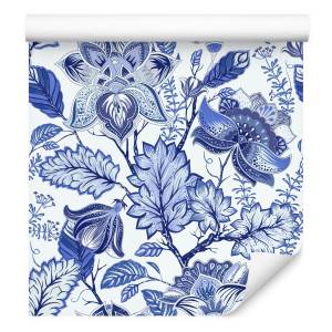 Papier Peint fleurs feuilles modernes Bleu - Blanc - Papier - 53 x 1000 x 1000 cm