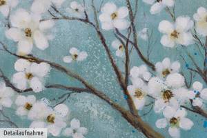Tableau peint Corolles blanches Bleu - Blanc - Bois massif - Textile - 80 x 80 x 4 cm