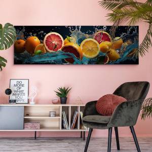 Tableau Panorama Agrumes Fruit Eau 3D Noir - Orange - Rouge - Textile - 145 x 45 x 45 cm