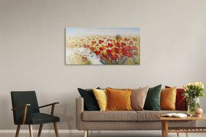 Tableau peint Fleurs Enflammées Beige - Rouge - Bois massif - Textile - 120 x 60 x 4 cm