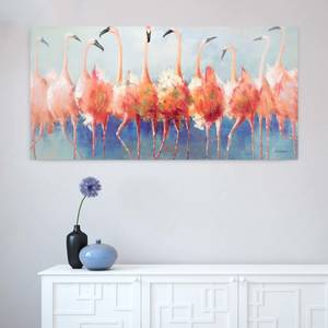 Tableau peint Tango des flamants roses Bleu - Rose foncé - Bois massif - Textile - En partie en bois massif - 140 x 70 x 4 cm