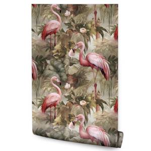 Papier Peint Flamants Feuilles Fleurs Beige - Marron - Gris - Rose foncé - Papier - Textile - 53 x 1000 x 1000 cm