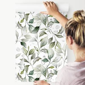 Papier Peint FEUILLES Plantes Nature Noir - Gris - Vert - Blanc - Papier - Textile - 53 x 1000 x 1000 cm