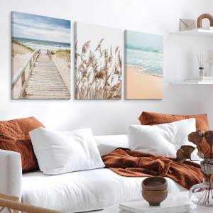 Set De Tableaux Plage Mer Pont Plantes Beige - Bleu - Vert - Textile - 90 x 40 x 40 cm