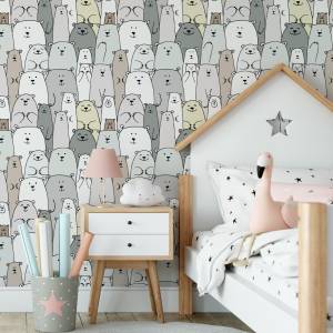 TAPETE Kinderzimmer Wildtiere Bären Wald Beige - Braun - Grau - Grün - Weiß - Papier - 53 x 1000 x 1000 cm