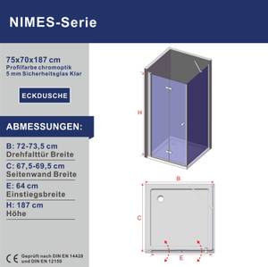 Duschkabine Eckeinstieg 180° Falttür 75 x 70 cm