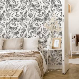 Papier Peint FEUILLES Roses Papillons Noir - Blanc - Papier - Textile - 53 x 1000 x 1000 cm