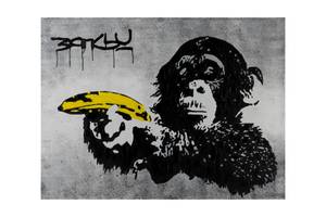 Tableau peint Banksy's Banana Joy Jaune - Bois massif - Textile - En partie en bois massif - 100 x 75 x 4 cm