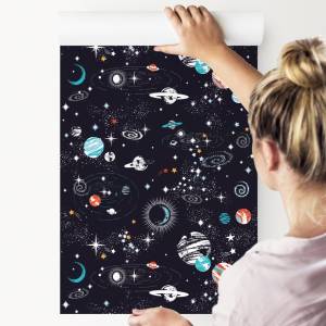Papier Peint cosmos planètes étoiles Noir - Bleu - Gris - Orange - Rouge - Blanc - Papier - 53 x 1000 x 1000 cm