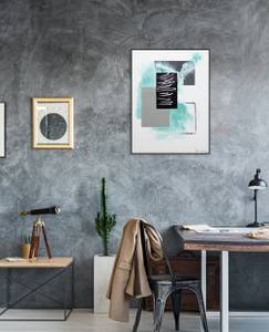 Tableau peint Cloudy Interaction Gris - Turquoise - Bois massif - Textile - 60 x 80 x 4 cm