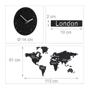 Carte monde en bois avec 5 horloges Noir - Argenté - Bois manufacturé - Métal - 113 x 61 x 1 cm