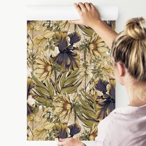 Papier Peint Feuilles Fleurs Vintage Beige - Noir - Vert - Mauve - Papier - Textile - 53 x 1000 x 1000 cm