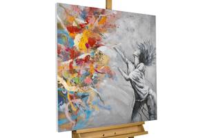 Tableau peint Burst of Emotions Gris - Bois massif - Textile - 80 x 80 x 4 cm