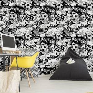 Papier Peint pour enfants graffiti sport Beige - Noir - Blanc - Papier - 53 x 1000 x 1000 cm