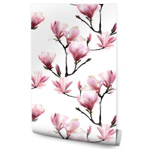 Tapete BLUMEN Magnolien Zweige Natur Schwarz - Grün - Pink - Weiß - Papier - Textil - 53 x 1000 x 1000 cm