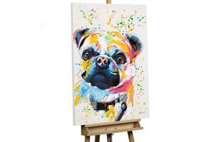 Tableau peint à la main Artistic Pug Noir - Bois massif - Textile - 70 x 100 x 4 cm