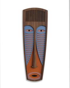 Masque mural Modern African Mask #42 Bleu - Orange - Bois manufacturé - Verre - Matière plastique - En partie en bois massif - 27 x 78 x 1 cm